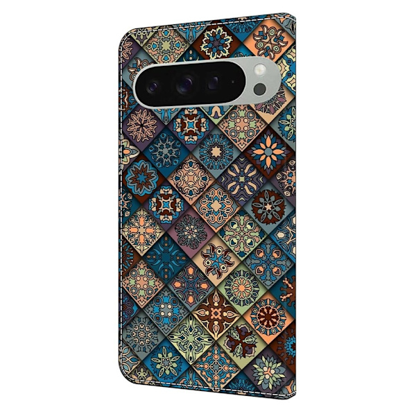 Google Pixel 9 Pro XL plånboksfodral mönstrat tryck stativ läder flip telefonskal - Blå Blommor Blå