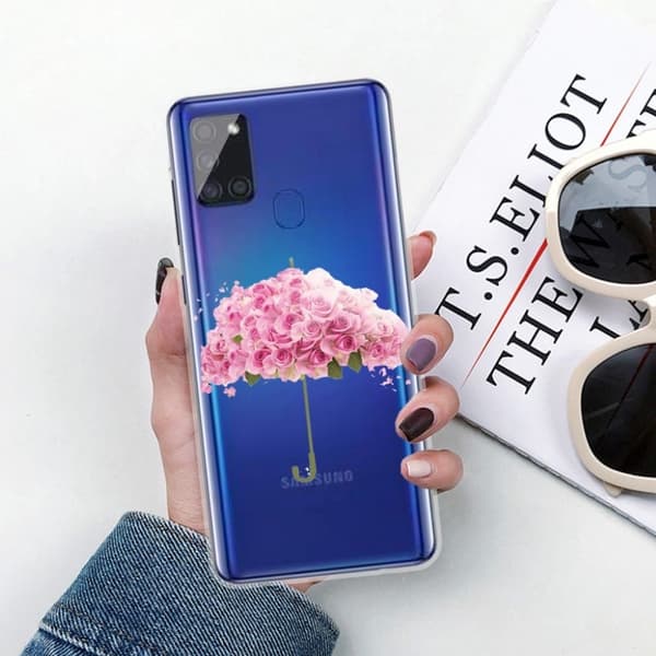 Deco Samsung Galaxy A21s Etui - Blomst og Paraply Pink