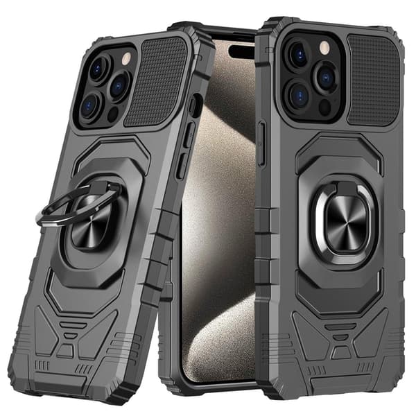 Slidstærkt iPhone 15 Pro Max cover i hård plast med blød inderside og kickstand - Sort Black