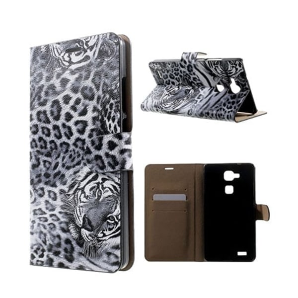 Wildlife Huawei Ascend Mate7 Læder Flip Etui - Gråt Leopard Hoved Silver grey
