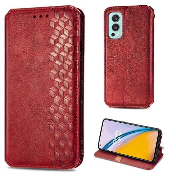 OnePlus Nord 2 5G nahkainen kotelo tyylikkäällä kuutiokuvioinnilla - Punainen Red