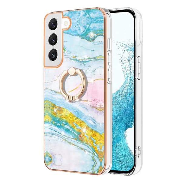Marble Mønstret Cover med Ring Holder til Samsung Galaxy S22 Plus - Grøn og Gul Marmor Haze Multicolor