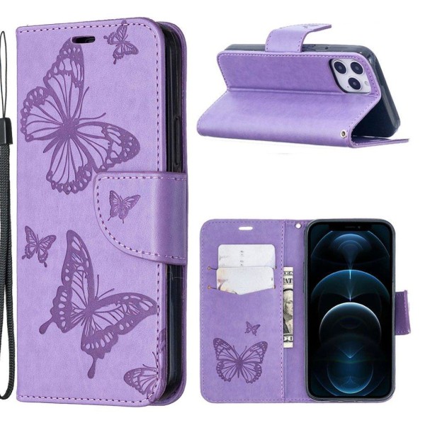 Butterfly iPhone 12 Pro / iPhone 12 Læderetui - Lilla Purple