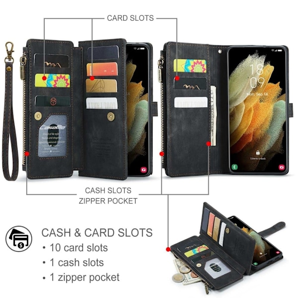 CaseMe Samsung Galaxy S21 Ultra 5G etui med lynlås og pung - Sort Black