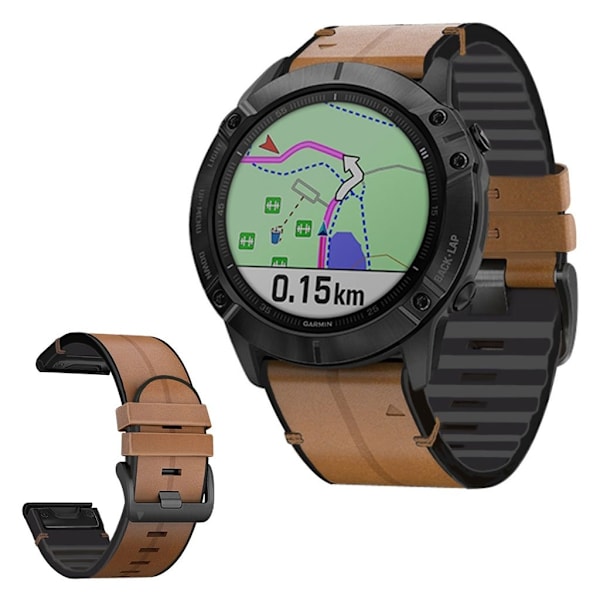 Garmin Fenix 6X / 5X Plus / 3 ægte læder + silikone urrem - Brun Brown