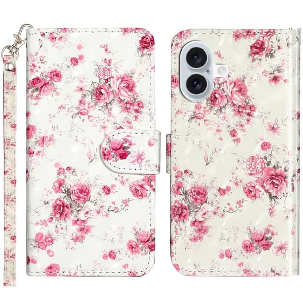 iPhone 16 Læderetui Flip Wallet Phone Cover Magnetisk lås 3D-mønster trykt - Roser Pink