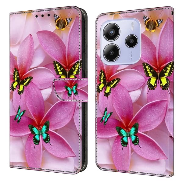 Xiaomi Redmi Note 14 5G Plånboksfodral Mönster Tryck Stativ Läder Flip Telefonskal - Rosa Blommig Fjäril Rosa