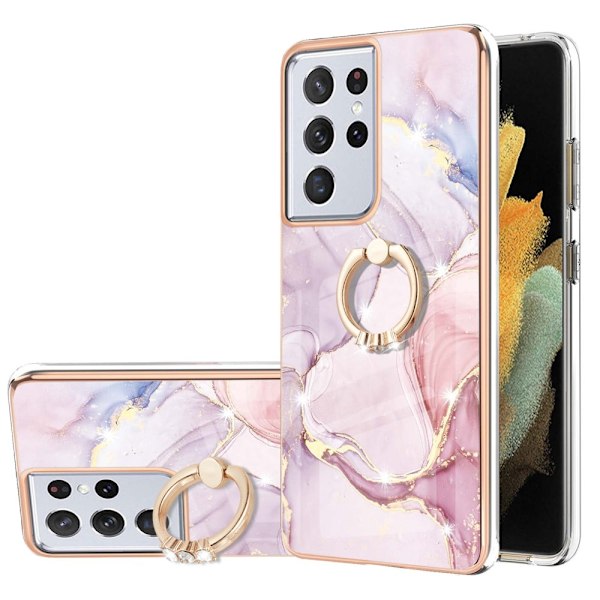 Marble Patterned Suojakuori With Ring Holder For Samsung Galaxy S21 Ultra 5G - Rose Kulta Marble Haze Pink