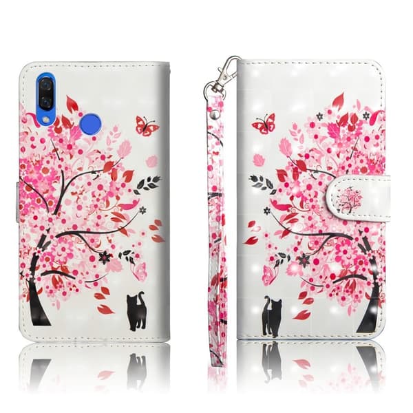 Huawei P Smart Plus mobiletui i kunstlæder med mønster og bærestrop - Blomstertræ og kat Multicolor