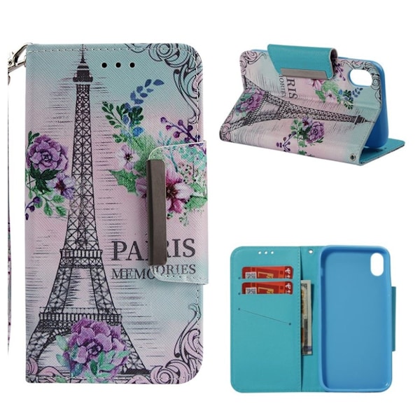 iPhone Xs Max flip cover i læder med mønsterprint - Eiffeltårnet Multicolor