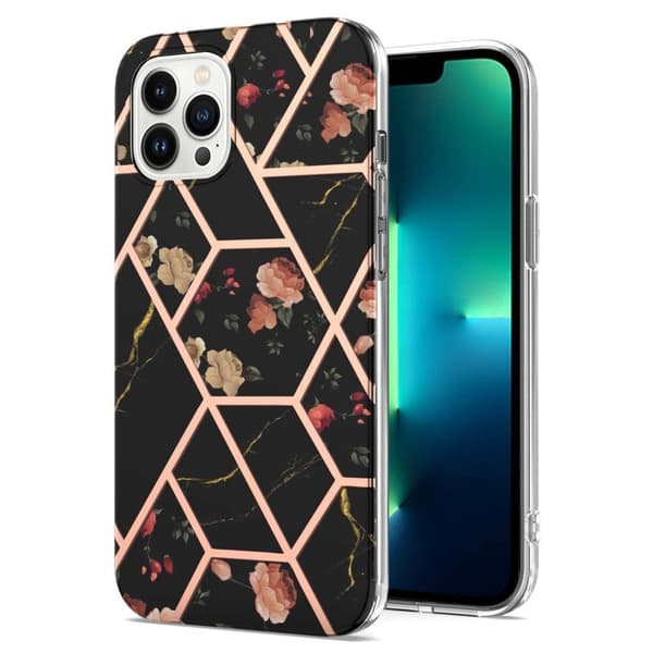 Marble Mønstret Deksel med Ring Holder til iPhone 14 Pro Max - Svarte Blomster Black