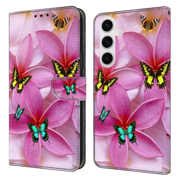 Samsung Galaxy S25 Plånboksfodral Mönster Tryck Stativ Läder Flip Telefonskal - Rosa Blommig Fjäril Rosa