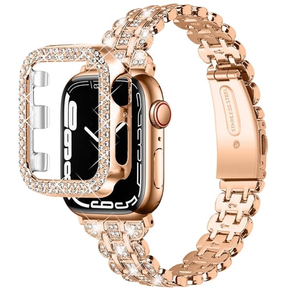Apple Watch (45 mm) urrem i rustfritt stål med rhinestone-dekor og deksel - Rose Gull Pink
