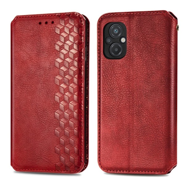 Læder Etui med A Stilfuldt Rhombus Tryk til Xiaomi Poco M5 - Rød Red