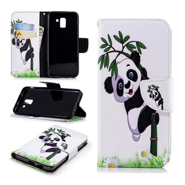 Samsung Galaxy J6 (2018) mobilfodral PU läder TPU plånbok stående mönster - Panda på bambu multifärg