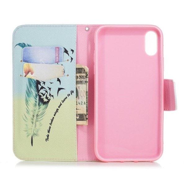 iPhone Xr læder flip cover med mønsterprint - Feather Multicolor