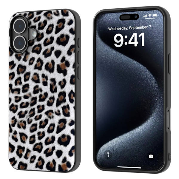 ABEEL iPhone 16 Plus Fodral Leopard Print Läder och flexibelt mobilskal - Silver Silvergrå