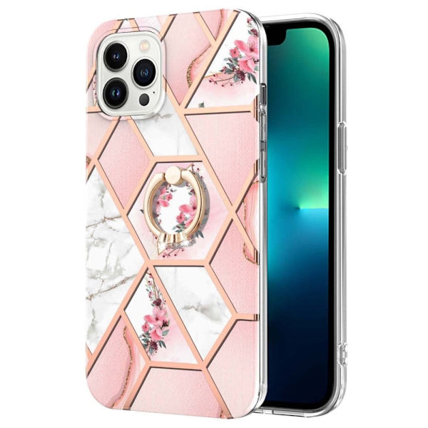 Marble Mønstret Deksel med Ring Holder til iPhone 14 Pro Max - Rosa Blomster Pink