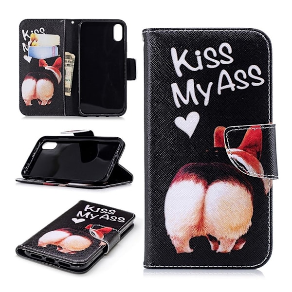 iPhone Xr læder flip cover med mønsterprint - Kiss My Ass Multicolor