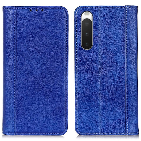 Sony Xperia 10 IV ægte læderetui med magnetisk lukning - Blå Blue