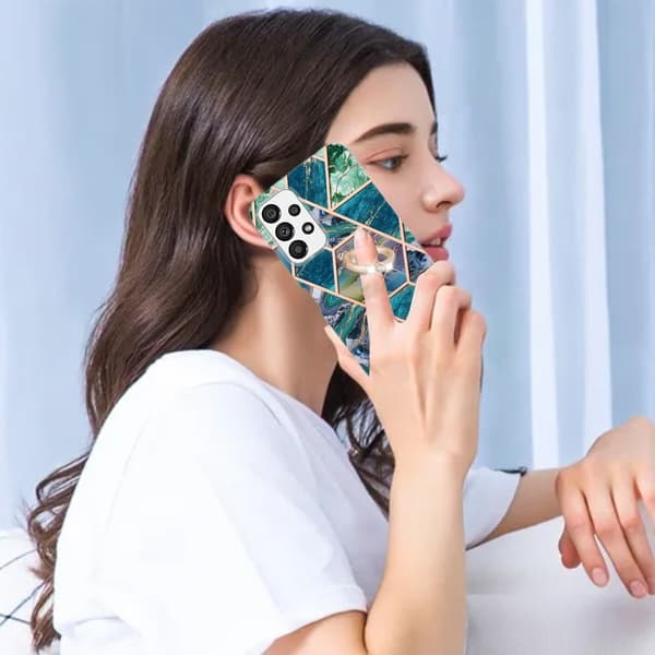 Marble Mønstret Deksel med Ring Holder til Samsung Galaxy A53 5G - Blå / Grønn Blue