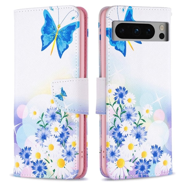 Wonderland Google Pixel 8 Pro Flippetui - Sommerfugl og Blomster Blue