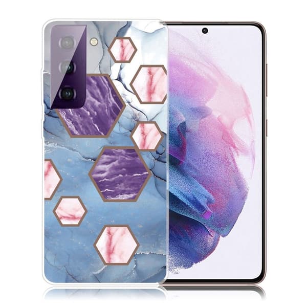 Marble Samsung Galaxy S21 FE Etui - Sekskant Fragments i Blå Multicolor
