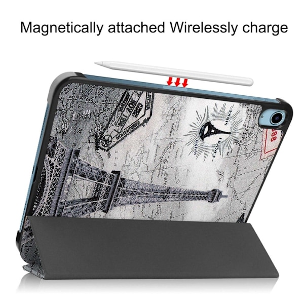 Tri-fold stander etui iPad 10.9 (2022) Pattern Printing Anti-fall Anti-wear Folio Flip Vegansk Læder Tablet Cover - Tårn Silver grey