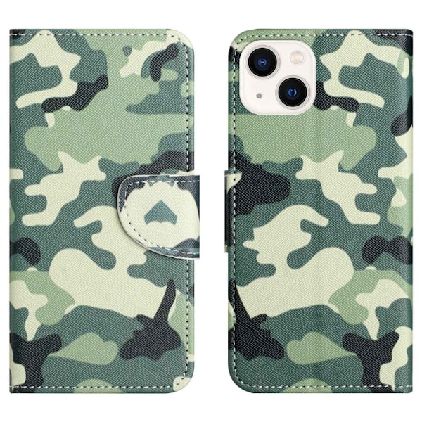iPhone 14 6,1 tommer Mønsterudskrivning Telefonetui Cross Texture Vegansk læder Foldbart stativ Tegnebog Folio Flip Cover - Camouflage Green