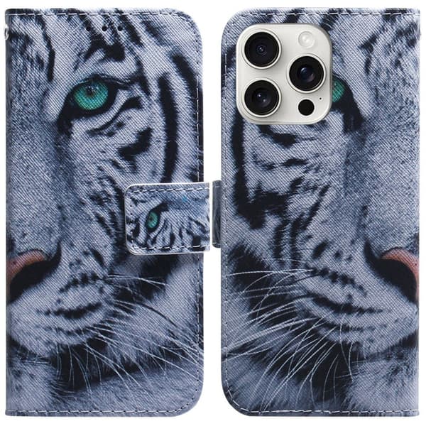 iPhone 16 Pro plånboksfodral mönster tryck läder telefonskydd - Tiger Blå