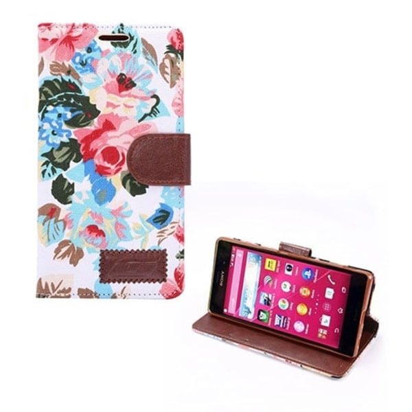 Sony Xperia Z3+ Læder Flip Etui Med Kortholder - Hvid Blomstret mønster Multicolor