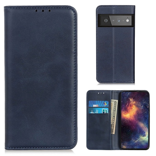 Google Pixel 6 Pro flip etui i ægte læder med pung – Blå Blue