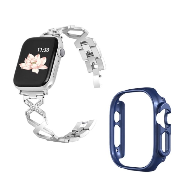Apple Watch Ultra klockarmband i rostfritt stål med strassdekor och midnattsblått fodral - Silver Silvergrå