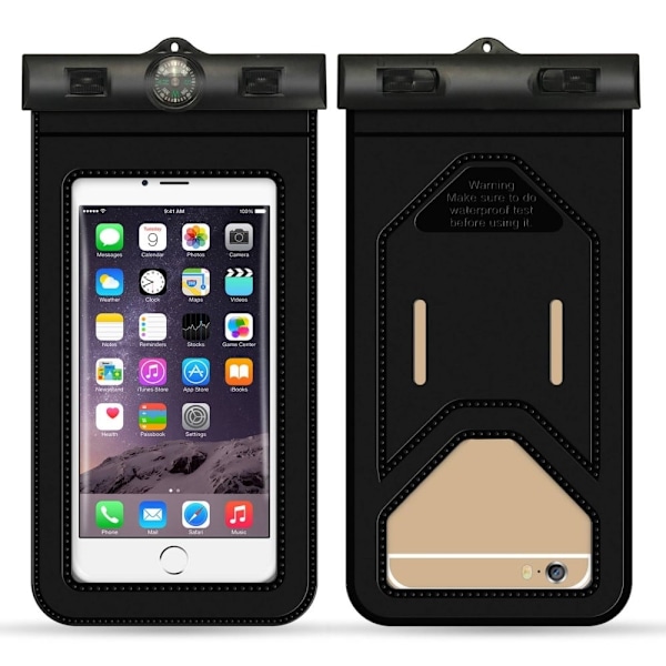 Universal waterproof phone pouch with compass and strap - Black Black