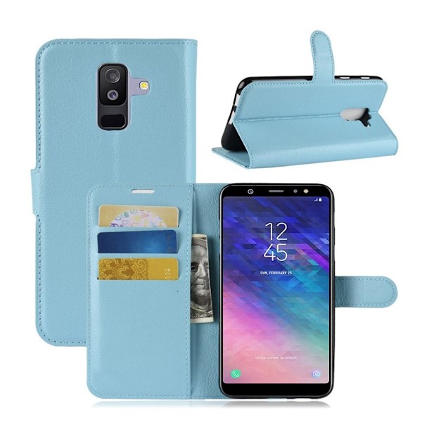 Samsung Galaxy A6 Plus mobiletui i kunstlæder med Litchi overflade. Indbygget pung og stander - Blå Blue