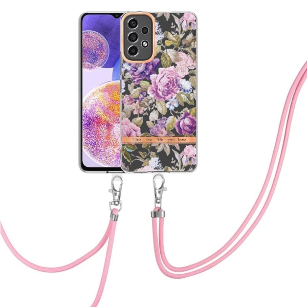 Slankt og holdbart softcover med lanyard til Samsung Galaxy A23 - Lilla Pæon Purple