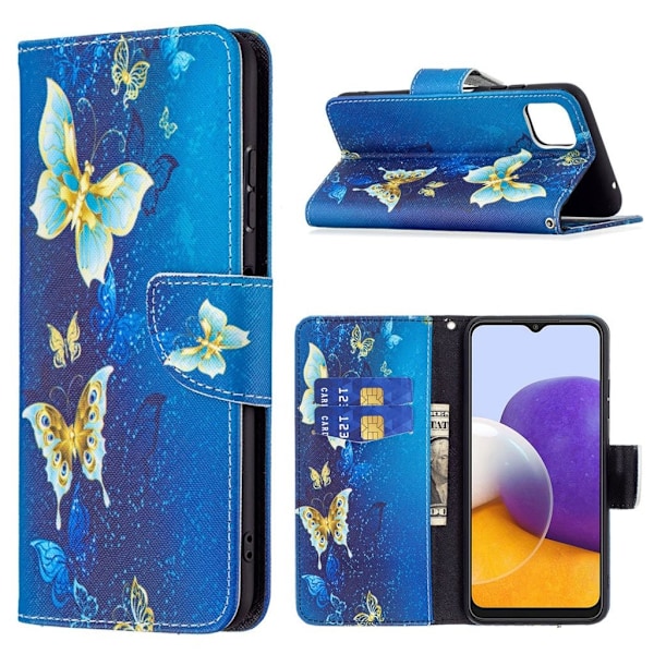 Wonderland Samsung Galaxy A22 5G Flip etui - Golden sommerfugl Blue