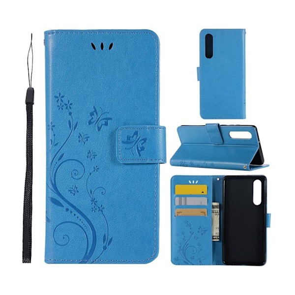Huawei P30 sommerfugle- og blomstertryk læder flip etui - Blå Blue