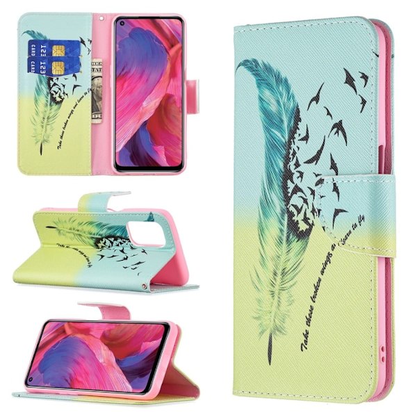 Wonderland Oppo A54 5G / A74 5g / A93 5g Läppäkotelo - Feather / Lintu Pattern Green