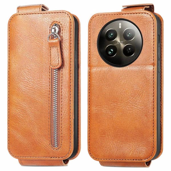 Vertikalt flip-deksel med glidelås for Realme 13 4G - Brun Brown