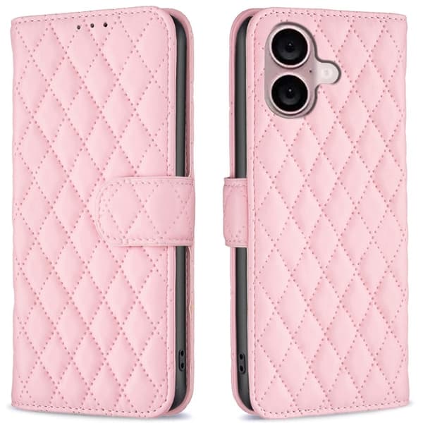 Rombemønster, matt flip-deksel for iPhone 16 - Rosa Pink