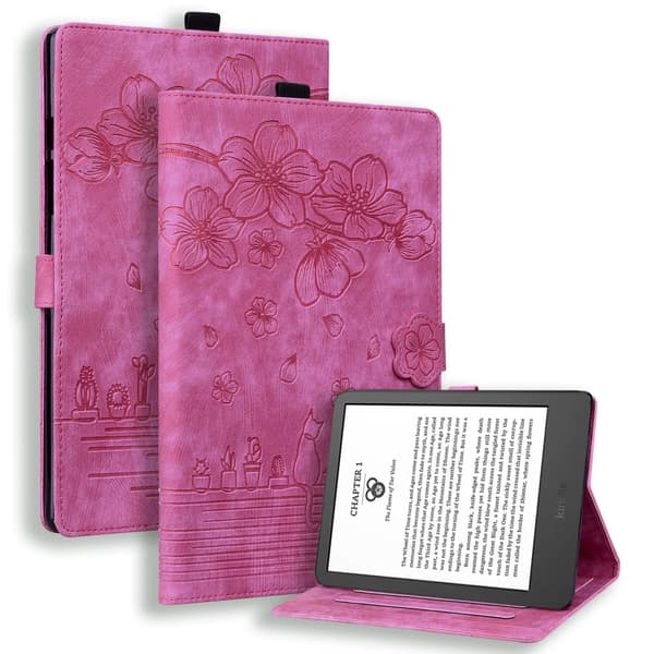 Amazon Kindle Paperwhite (2024) Etui Flip Stand Læder Tablet Cover Cherry Blossom Cat Imprinted - Rose Pink