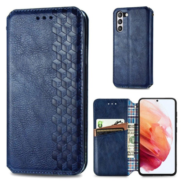 Læder Etui med A Stil Rhombus Imprint til Samsung Galaxy S21 FE - Blå Blue