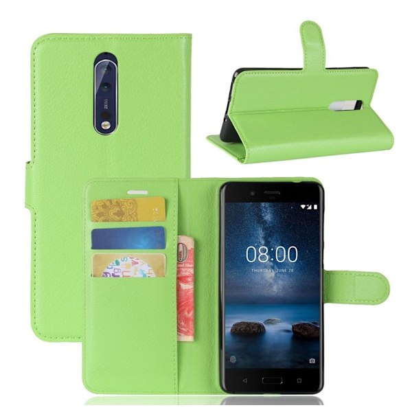 Nokia 8 Litchi skind læder etui - Grøn Green