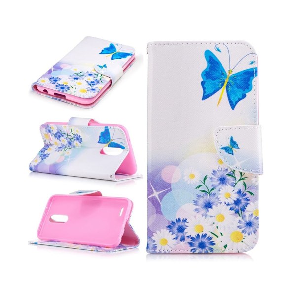 LG K10 2017 mønstret PU-læder flip-etui - Blå Sommerfugle Og Blomster Blue