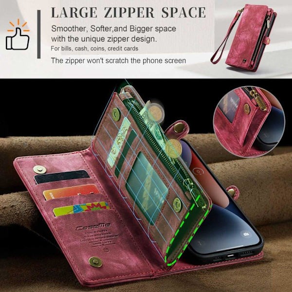 CaseMe iPhone 14 etui med lynlås & pung - Rød Red