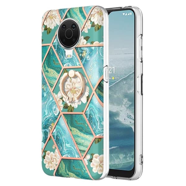 Marble Mønstret Deksel med Ring Holder til Nokia G10 / G20 - Blåe Blomster Blue