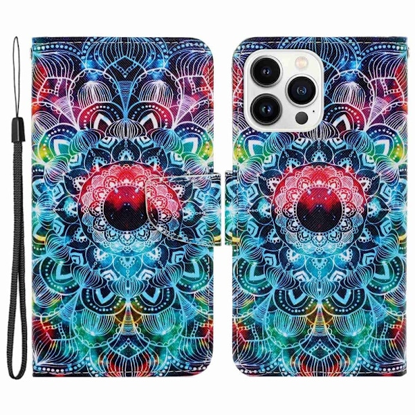 iPhone 14 Pro 6.1 inch Cross Texture Pattern Printing stander etui Vegansk Læder Flexible stødsikkert Wallet Phone Cover - Mandala Multicolor