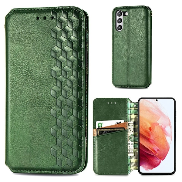 Läder Samsung Galaxy S21 FE fodral med romb-design - Grön Grön