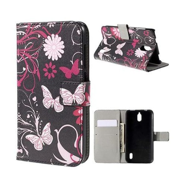 Moberg Huawei Y625 Nahkakotelo Korttitaskuilla - Perhosia Ja Kukkia Multicolor